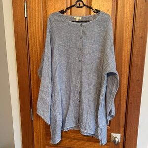 Eileen Fisher Blue Button-Up Linen Top